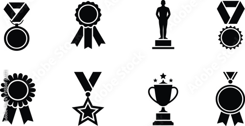 Solid black awards vector icon set with medals, trophies, ribbons, star badges, and achievement symbols