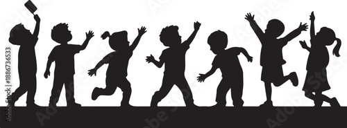 Silhouettes of children running and playing in different poses