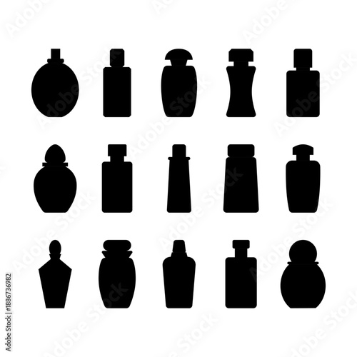 Set of perfume bottle silhouette. Black vector icons on white background.