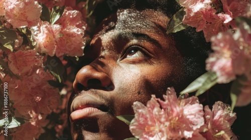 Young african male surrounded by pink flowers in nature.