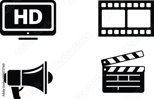 Solid black multimedia vector icon set with HD monitor, film strip, megaphone, and movie clapper board