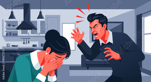 Man yelling at crying woman, illustrating domestic abuse and conflict. A powerful vector illustration depicting emotional distress and family problems