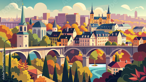 Very beautiful skyline view of Luxembourg City centered on the iconic Pont Adolphe Bridge, blending classical stone engineering with modern urban architecture and natural valley scenery.