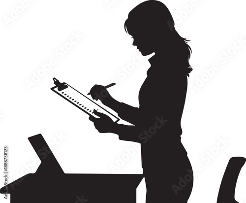 Woman Silhouette Writing on Clipboard at Desk