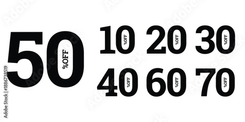 50 to 10 percent discount off now label pop-up banner, icon, sign with different sale percentage. 20, 30, 40, 50, 60, 70 percent off price reduction badge promotion,