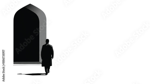 Man entering mosque silhouette, Islamic worship and prayer lifestyle vector illustration
