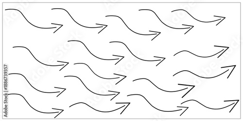 A collection of arrows with thin wavy lines. Arrows waving in all directions. Vector illustration of a black arrow.