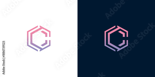 Sleek and modern hexagonal logo design featuring the initial letter 'C' with a vibrant gradient color palette, presented in two contrasting background variations for versatile branding