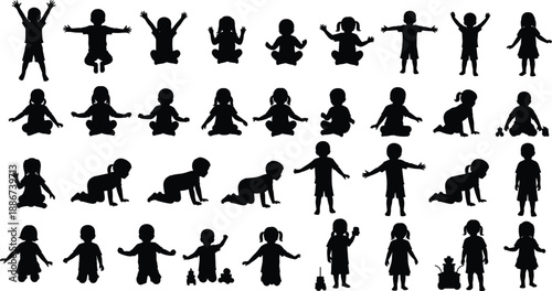 Children silhouettes collection, kids playing sitting crawling jumping poses, cute child activities set, black baby toddler figures isolated on white background
