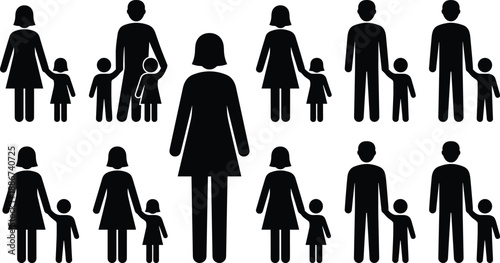 Family people silhouettes set, parents with children icons collection, black human figures, social relationship concept, isolated vector illustration, design, template