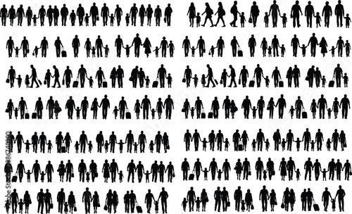 Family silhouettes collection showing parents and children walking together, isolated black figures representing travel, migration, crowd, society, lifestyle concept