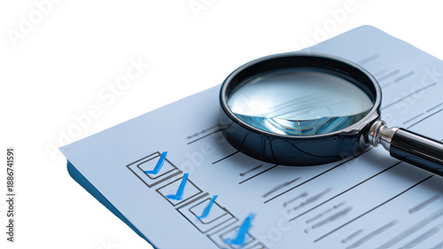 Magnifying glass over completed checklist document with blue check marks quality inspection auditing compliance verification process isolated on white background