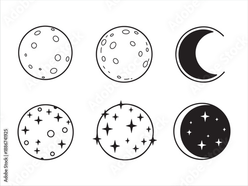 Illustrated Phases of the Moon with Stars and Crater Details