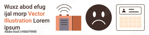 Digital communication, emotional health, user identification, social interaction, networking, and technology. Bold icons of a signal, sad face and ID card layout. Communication and emotional health