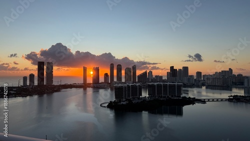 Miami skyline at sunset over Biscayne Bay