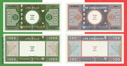 Vector obverse and reverse of new banknotes. In Italian it means five hundred and a thousand lire, bank of Italy. Play money. Denomination 500, 1000. Seals, gear, head wolf and bee. Set sample bills