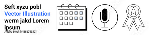 Time management, communication, achievement, scheduling, recognition, productivity. Minimalistic calendar, microphone and award ribbon icons. Time management and communication-themed concept