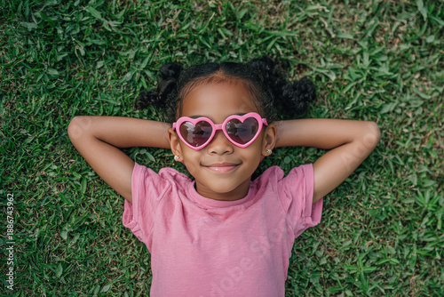 Wallpaper Mural niña afroamericana con coletas, gafas de sol enforma de corazon rosas, tumbada feliz en el cesped Torontodigital.ca