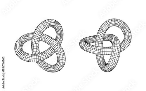 Monochrome Wireframe Grid Shape. Abstract 3D Geometric Knot Shape