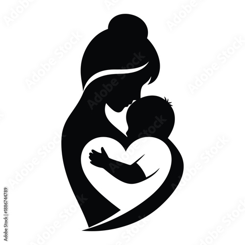 Black silhouette of mother holding baby forming a heart shape child love