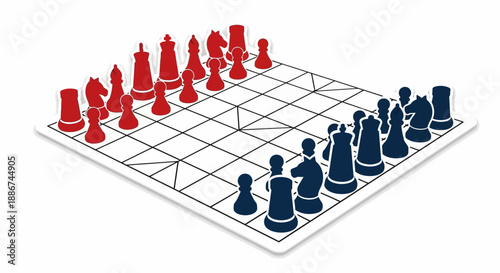 Chessboard with Red and Blue Pieces Arranged.