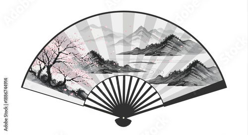 Handheld Asian Style Decorative Fan Illustration.