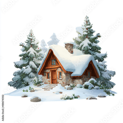 A cozy wooden cabin surrounded by a snowy forest, creating a peaceful winter atmosphere made with generative AI