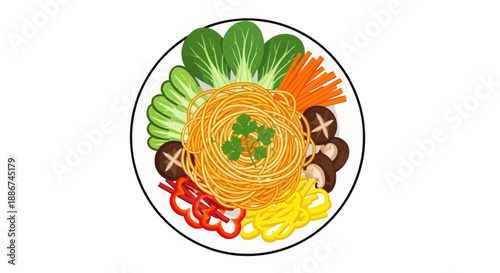 Delicious Noodle Dish with Vegetables and Herbs.