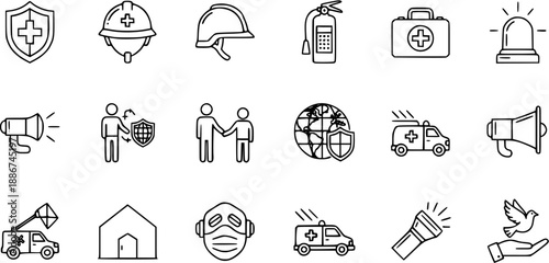 Emergency Safety, Medical Assistance, First Aid  Protection Line Icons. Outline Symbols for Health, Rescue  Disaster Preparedness