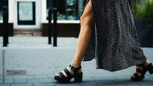 Stylish Young Woman In Dress With Naked Legs And High-Heeled Shoes Walking The Street