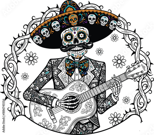 Ornate Day of the Dead skeleton mariachi illustration playing guitar with sugar skull patterns and floral details.