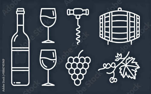 Wine Production and Tasting Linear Icon Set Featuring Bottle Glass Corkscrew Barrel and Grapes Design
