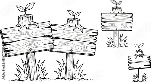Hand drawn collection of rustic wooden signs growing small plants from old tree stumps on white background