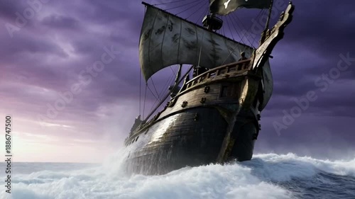 Barco pirata antiguo navegando en mar embravecido bajo un cielo tormentoso. La bandera Jolly Roger ondea en el mástil, creando una escena oscura, épica y cinematográfica llena de misterio y aventura.