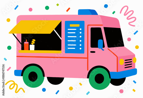 colorful pink food truck illustration with festive confetti on a white background