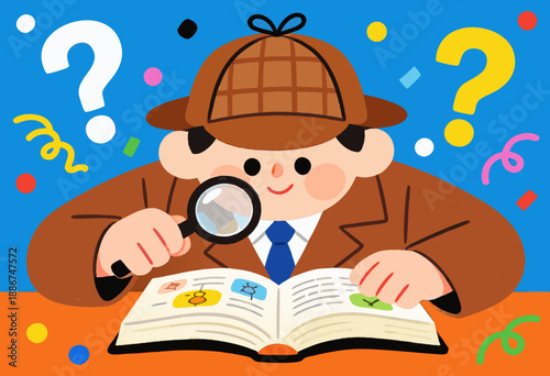 cartoon detective child exploring book with magnifying glass in colorful playful setting