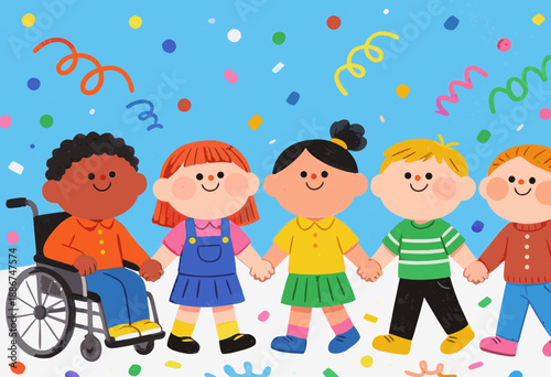 diverse group of happy children celebrating at a party with colorful confetti and decorations