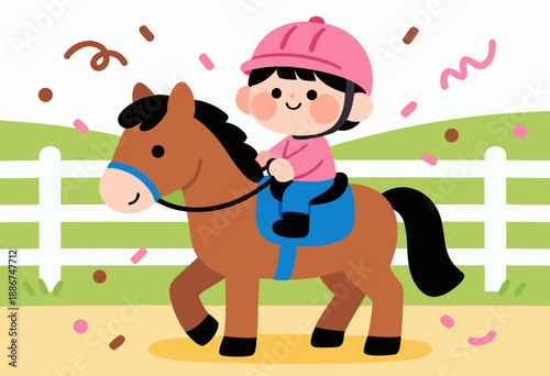 happy child wearing pink helmet riding pony in cheerful cartoon countryside setting