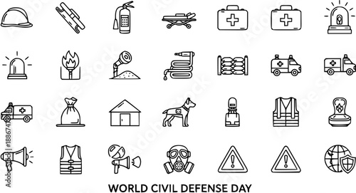 Civil Defense Day Icons: Safety, Emergency, Rescue  First Aid Equipment Line Art