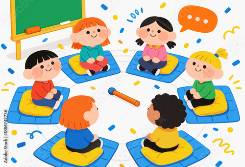 small diverse children sitting in circle for story time in colorful classroom setting