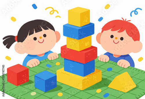 happy children building colorful block tower on play mat, educational playtime