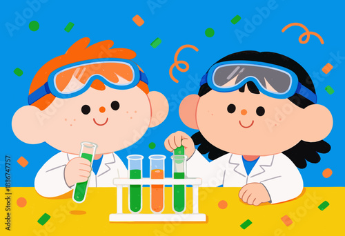 young scientists experimenting with colorful liquids in a playful laboratory setting