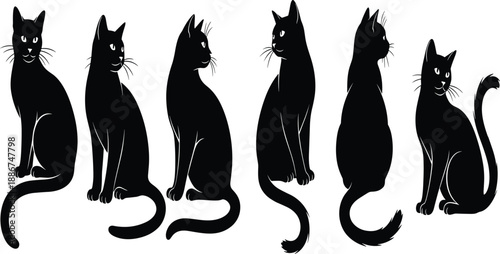 Black cat silhouette vector illustration showing six feline sitting poses, perfect for Halloween, pet art, design, and decoration themes.