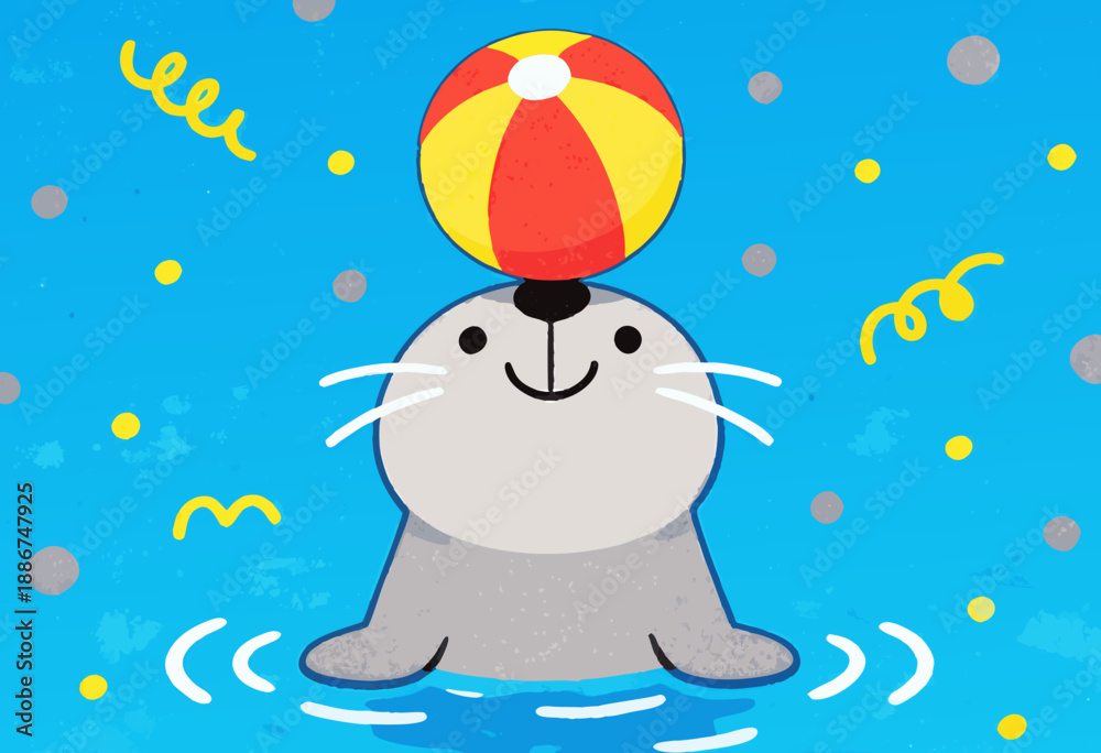 Fototapeta premium adorable seal balancing a colorful ball in water with playful background