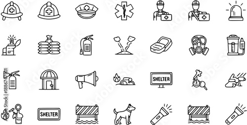 Emergency, Disaster Management, and Survival Outline Icons Set. Includes Rescue, First Responder, Firefighter, Police, Safety Gear, and Shelter signs.