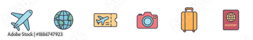 Travel icons representing global journeys, including an airplane, globe, ticket, camera, suitcase, and passport, are perfectly designed for various digital applications.