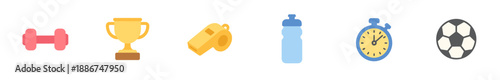 Sports and fitness equipment icons are neatly arranged in a row, representing various athletic activities and achievements with simple, colorful illustrations.