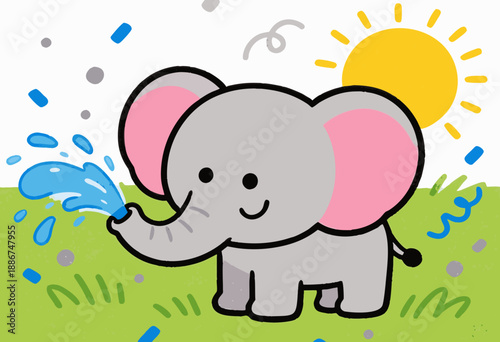 cute cartoon elephant splashing water in a sunny field with vibrant colors and playful mood