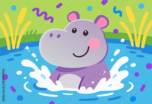cute cartoon hippo splashing joyfully in a vibrant pond with playful decorations