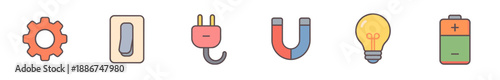 Gear, switch, plug, magnet, bulb, and battery icons illustrating fundamental concepts of physics and engineering in a modern flat design.